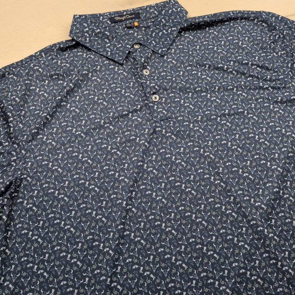 Straight Down Men XXL Navy Blue Western Steer Skull Snake Golf Polo Shirt UPF 50
